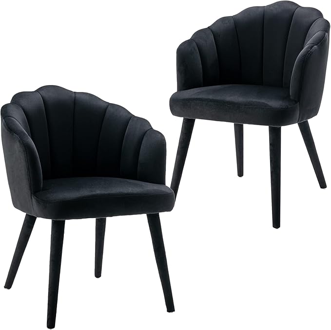 Velvet Dining Chairs Set of 2 Modern Living Room Chairs with Petal Back & Wood Legs Comfy Upholstered Side Chair for Dining Room/Bedroom/Vanity, Black