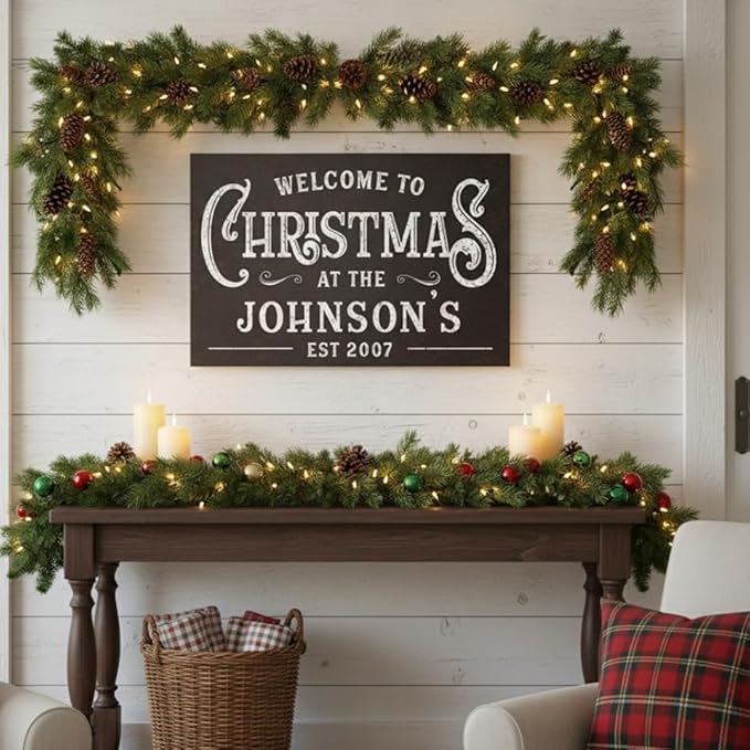 Milweb1 Personalized Family Name Welcome To Christmas/Rustic Vintage Farmhouse Holiday Decor Canvas Sign Holiday Decorations Wall Decor Print (12"x18")