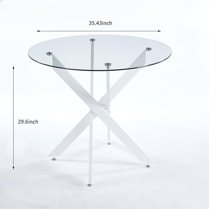 36" Round Dining Table for 4, Modern Clear Glass Kitchen Table for 4 with White X Metal Legs, Contemporary Small Circle Dining Room Leisure Tables for Kitchen Apartment