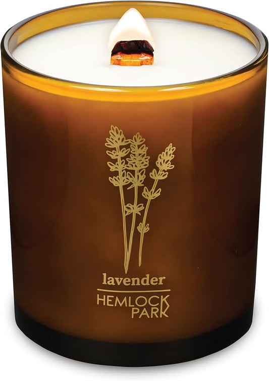 Hemlock Park Amber & Gold Wood Wick Candle Handcrafted with Natural Coconut Wax (Large 14 oz, Lavender)