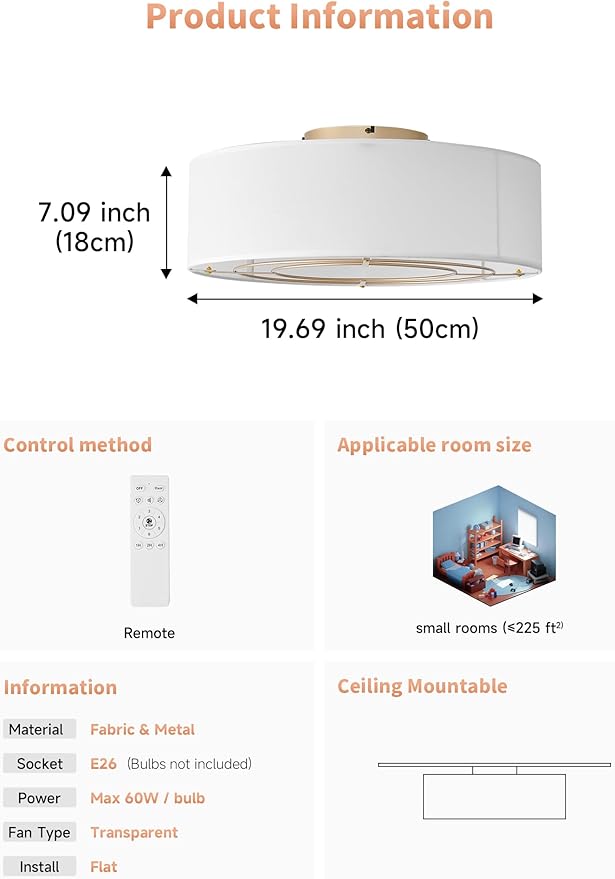 Low Profile Ceiling Fans with Lights, 20" Flush Mount Ceiling Fan with Light, Boho Bladeless with 6 Speeds, Rattan Remote Control for Bedroom, Nursery, Living Room