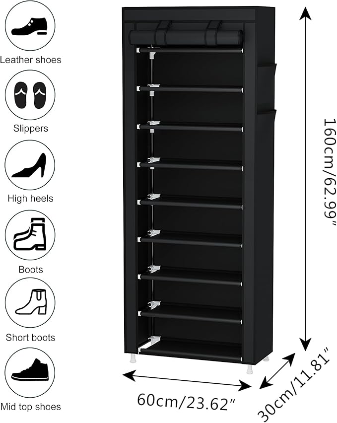 Calmootey 9 Tier Shoe Rack Organizer,Portable Shoe Shelf with Nonwoven Fabric Cover for Closet Hallway,Bedroom,Entryway,Black