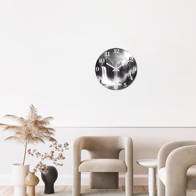 XNM 14 Inch Waterfall Wall Clock for Living Room Analog Natural Landscape Black and White Glass Wall Clocks Battery Operated Round Wall Clock Silent