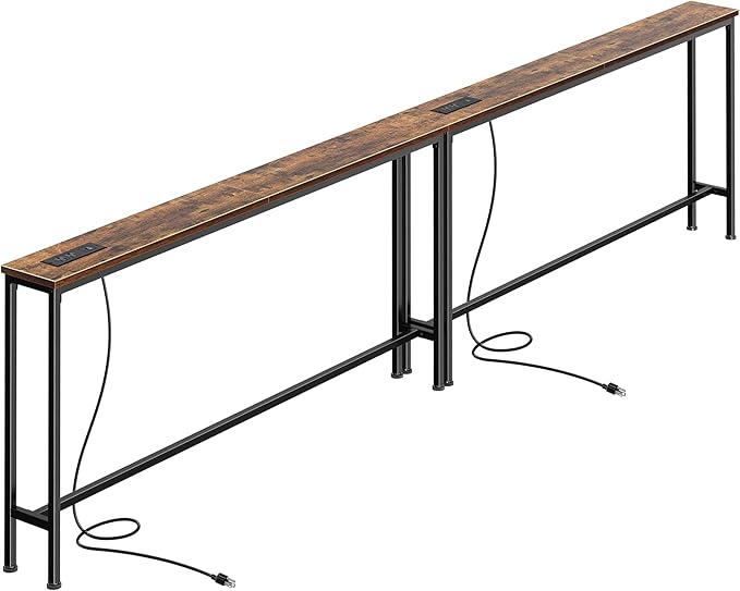 SUPERJARE 110.2 Inch Sofa Table with Power Outlets and USB-C Ports, 5.9 Inch Narrow Console Tables, Entryway Hallway Couch Tables with Storage, Behind Sofa, Small Spaces, Living Room, Rusitc Brown