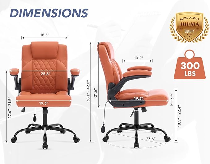 Office Chair with Adjustable Lumbar Support,Leather Ergonomic Computer Desk Chair with Flip-up Arms,Adjustable Tilt Lock,Swivel Rolling Executive PC Chair for Work, Study,Meeting,Small Space.Brown
