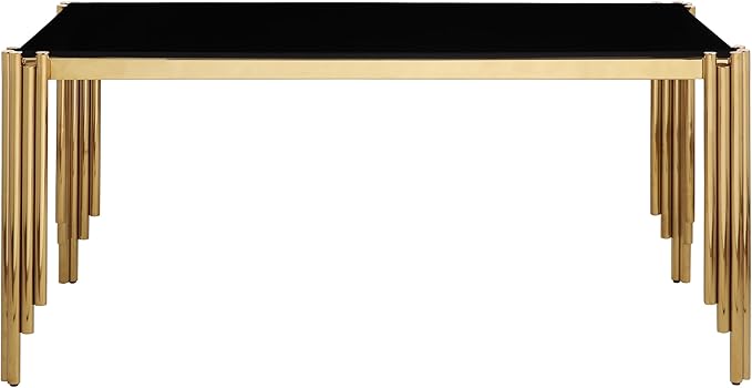 65" Rectangle Glass Dining Table, Glass Kitchen Table w/Tempered Glass Tabletop and Stainless Steel Gold Legs, Modern Glass Dining Room Table for Home, Kitchen, Dining Room