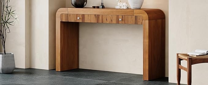 54.3" Curved Console Table with Fluted Drawer, Rustic Entryway Table and Thick Legs, Sturdy Sofa Table for Hallway & Living Room Wood (Brown)