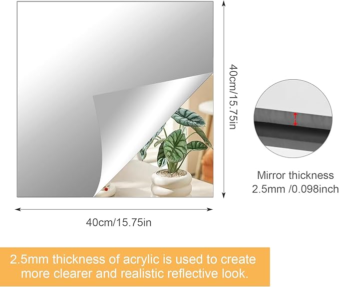 DARENYI 16x16 in Acrylic Mirror Sheet for Wall, 2.5mm Thick Unbreakable Non Glass Body Mirror Tile Self Adhesive Mirror Stickers Rectangular Wall Mirror for Bathroom Bedroom Home Gym Door Decor