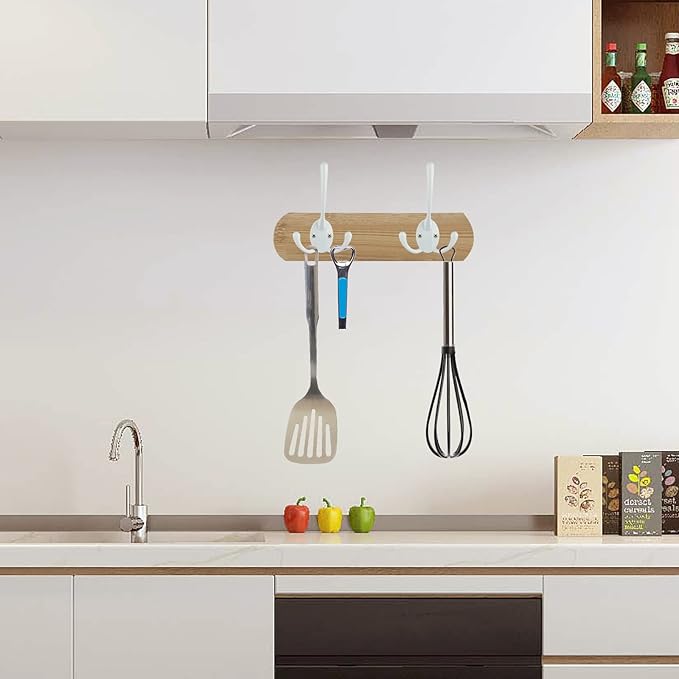 IBosins 6 Pack Big Heavy Duty Three Prongs Coat Hooks Wall Mounted with 12 Screws Retro Double Utility Rustic Hooks for Thick Coat, Big Heavy Bags (White)