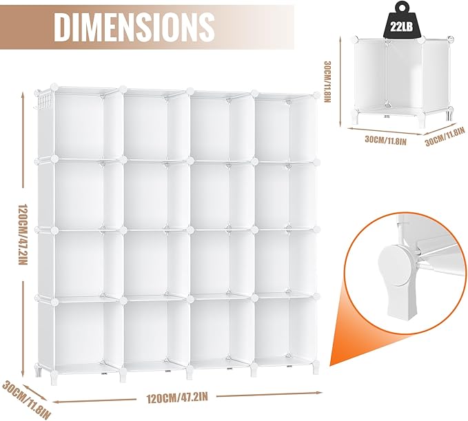 Neprock 16 Cubby Storage Organizer, Closet Clothes Storage Organizer, Cube Shelves Closet Organizers and Storage Shelves for Clothing Storage with Hammer, Bookshelf for Kids (White)