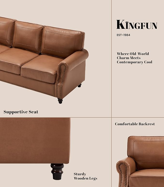 WILLOVE 79'' Faux Leather Sofa, Classic 3 Seater Leather Couch with Rolled Arm and Nailhead Trim, Mid-Century Modern Couch for Living Room, Apartment, Easy to Install, Brown