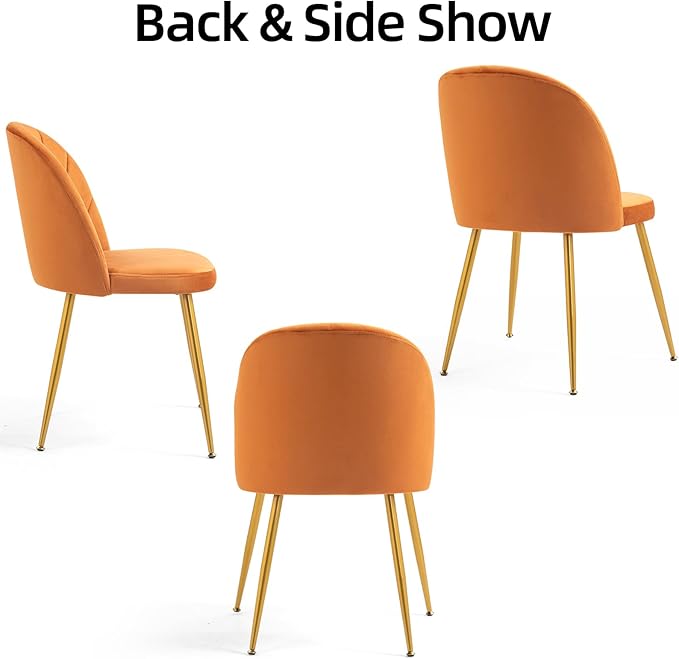 Velvet Dining Chairs Set of 6, Upholstered Mid Century Modern Dining Chairs, Armless Accent Chair with Metal Gold Legs for Living Room, Kitchen, Dining Room, Orange