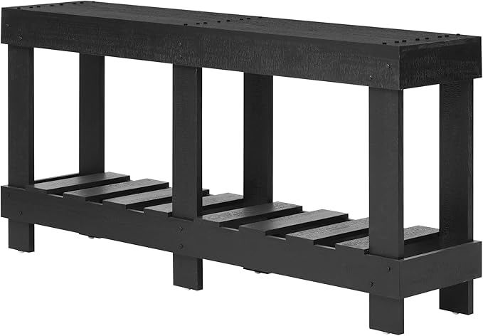 62.9" Vintage Entryway Table - Solid Cedar Wood with Natural Grain, 6 Reinforced Legs & 4.5" Thick Desktop, Metal Rivet Decor & Plank Under-Shelf, Console Table for Hallway, Living Room (Black)