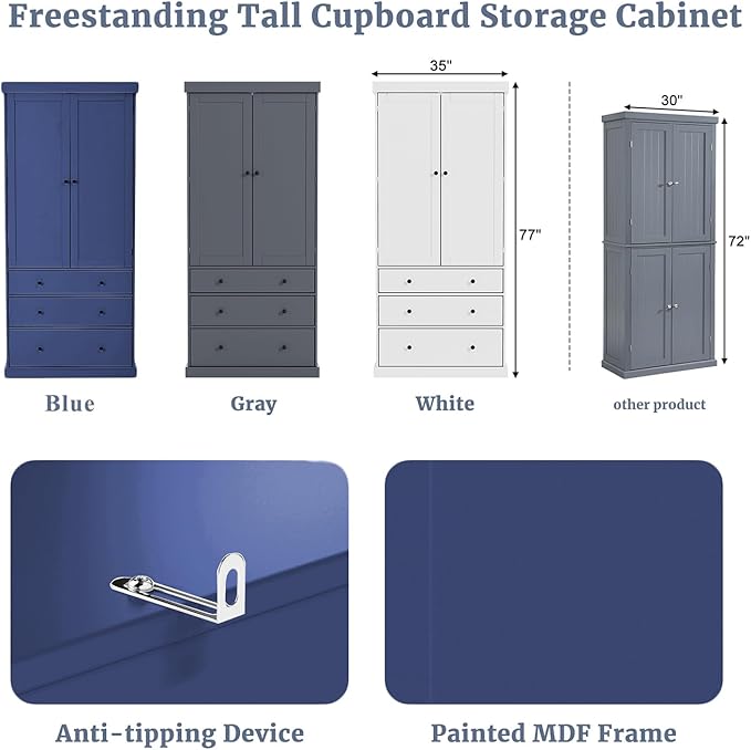 Merax 77" Tall Kitchen Storage Cabinet Pantry Farmhouse Freestanding Large Cupboard with 3 Drawers,Adjustable Shelves,8 Door-Shelf for Dining Room