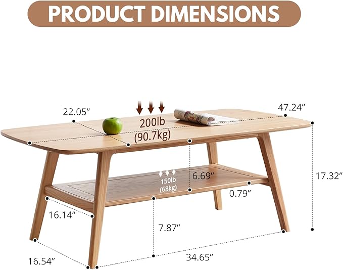 Wood Coffee Table - 100% Solid Oak Wood- 2-Tier Coffee Table with Storage for Living Room, Eco-Friendly Finish, Easy Assembly (Natural, 47.24" D x 22.04" W x 17.32" H)