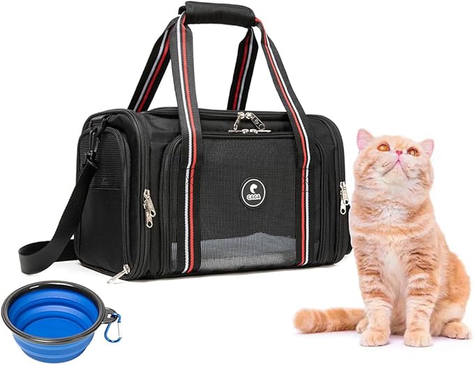 CAGA Soft-Sided Pet Carrier - Ventilated Foldable & Collapsible Under Seat Travel Kennel with Pockets for Small to Medium Dogs & Cats up to 15 lbs (Black)