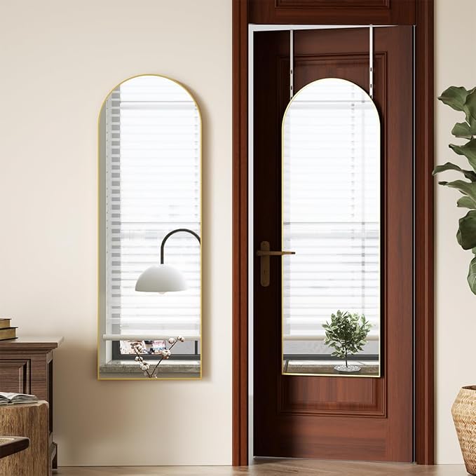 BEAUTYPEAK 14" x 48" Adjustable Height Over The Door Mirror, Arch Full Length Hanging Door Mirror with Shatterproof Tempered Glass Aluminum Alloy Frame for Bedroom, Living Room, Bathroom, Dorm, Gold