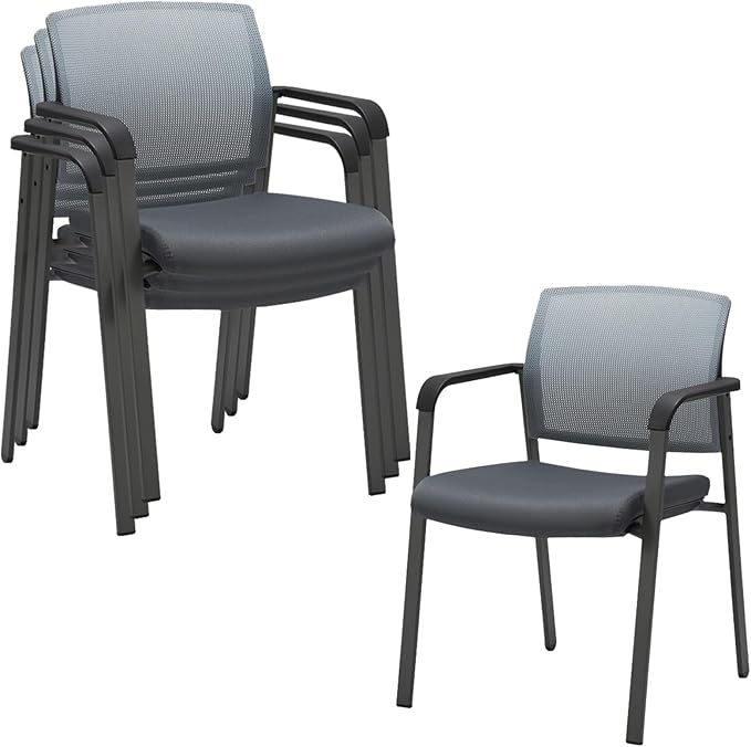 CLATINA Mesh Back Stacking Arm Chairs with Upholstered Fabric Seat and Ergonomic Lumber Support for Office School Church Guest Reception Grey (Gray-4 Pack)