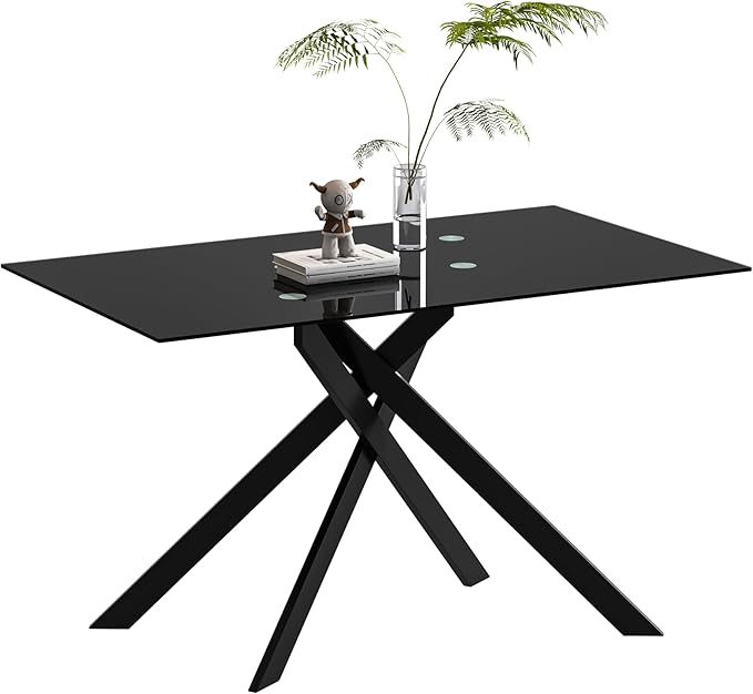 HomVent 51.18" Rectangular Black Glass Dining Table,Stylish Design with Black Metal Legs, Dining Table for Dining Room