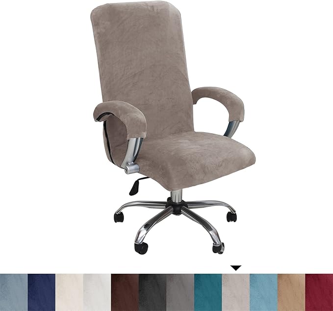 Velvet Plush Ergonomic Comfortable Office Chair Cover - Cat Proof Stretchable Protector for Mesh Office Desk Chair with Wheels and Armrest - Comfy Executive Office Chair for Adults, Khaki, XL