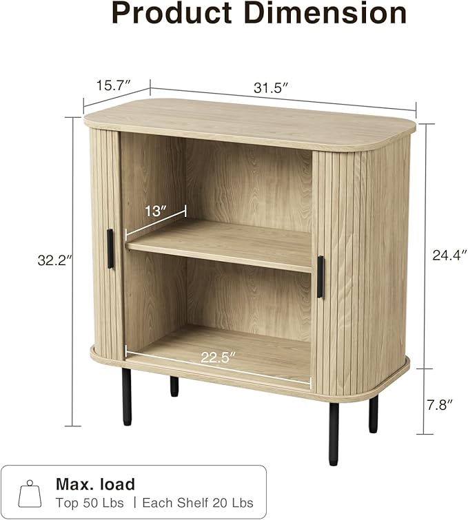 31''W Natural Buffet Sideboard Cabinet with Storage, Fluted Storage Cabinet with Curvy Edge; Sliding Door, Freestanding Accent Credenza, Console Table for Living Room, Kitchen, Hallway