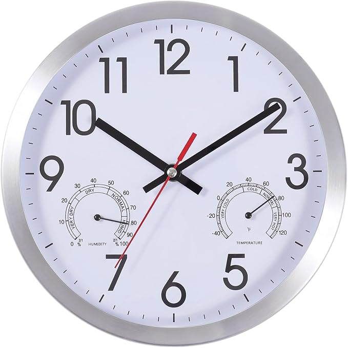 10 Inch Wall Clock with Temperature & Humidity, Aluminum Frame Wall Clocks, Sweep Silent Movement Accurate Clocks, Decorative for Kitchen Living Room Bedroom