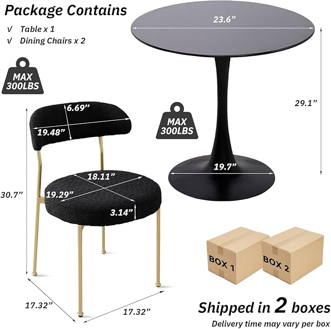 SoarFlash Kitchen Table and Chairs for 2, 24" Dining Table Set for 2 with Velvet Upholstered Chairs, 3 Piece Round Kitchen Table Set, Dining Room Table Set for Small Space, Apartment