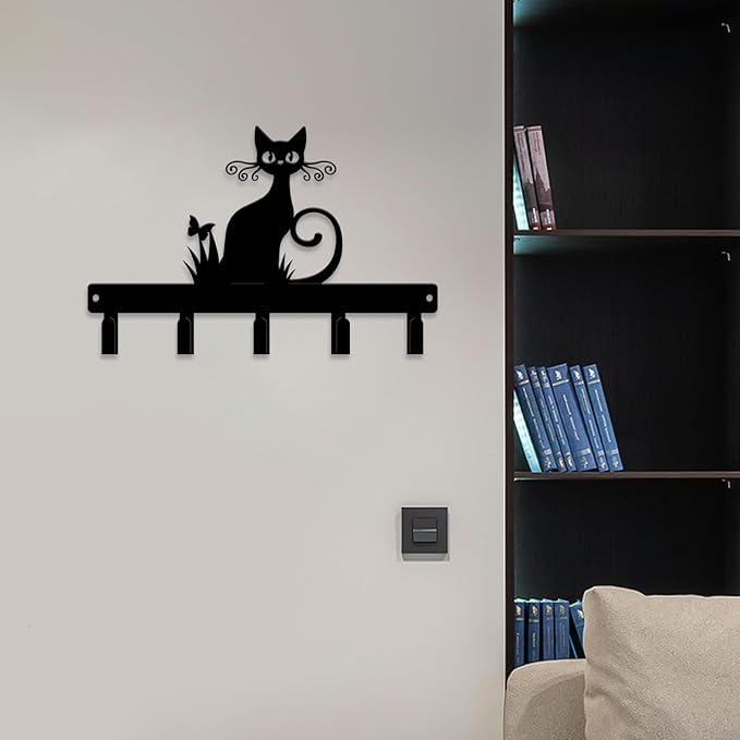 magilab Cat-Themed 10-Inch Iron Key Hooks with 5 Hooks, Black Wall Organizer - Cute Cat Design for Home Decor, No Drill & Screw-in Options (Style E)