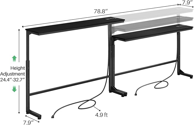 Kitstorack 2-Pack Black Console Table, 7.9" Deep Panel, Adjustable Height (25"-33") & with 2 Power Outlets, Behind Sofa Couch Table, Use Together or Separately - 79" L