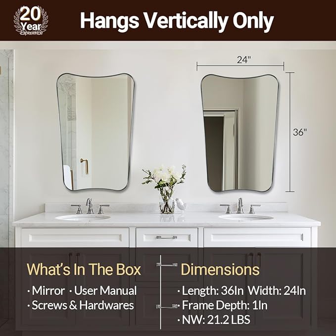 ANDY STAR Chrome Bathroom Mirror 24x36, Bathroom Mirror for Over Sink, Polished Chrome Wall Mirror with Unique Curved Design, Rust-Proof Stainless Steel 1’’ Frame