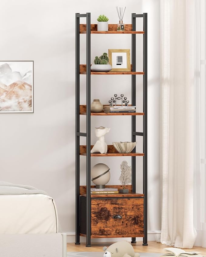 Furologee 6 Tier Bookshelf, Tall Shelf with Drawer, Wood and Metal Bookshelves Storage Organizer, Industrial Display Shelving Unit for Bedroom, Living Room, Home Office, Rustic Brown