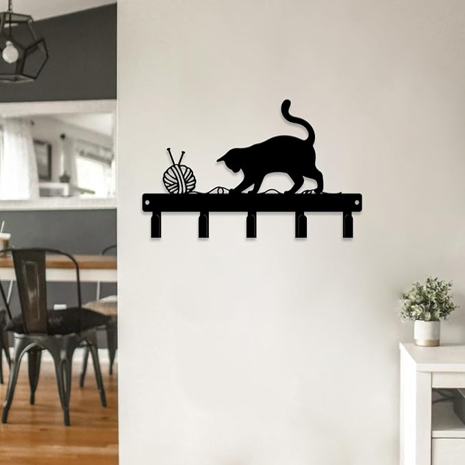 magilab Cat-Themed 10-Inch Iron Key Hooks with 5 Hooks, Black Wall Organizer - Cute Cat Design for Home Decor, No Drill & Screw-in Options (Style D)