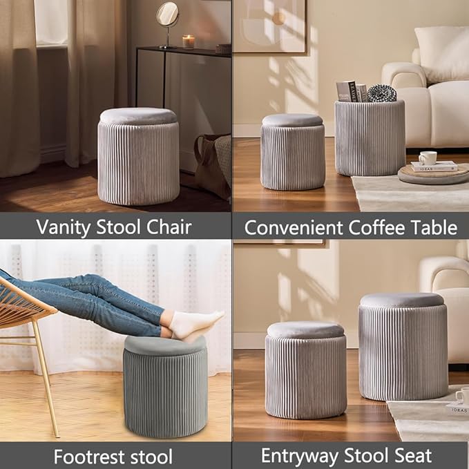 Round Set of 2 Ottoman with Storage-Upholstered Velvet Vanity Stool for MakeupMultifunctional Ottomans Coffee Table Padded Seat Foot Rest for Living Room&Bedroom(Ligth Grey)
