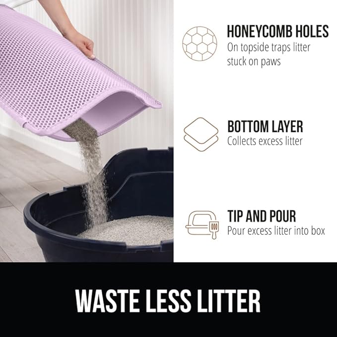 GORILLA GRIP Honeycomb Cat Litter Box Mat, Two Layer Trapping Waste Mats, Soft On Paws, Litter Box Supplies and Essentials for Indoor Cats, Traps Excess, Water Resistant for Floors, 30x24 Purple