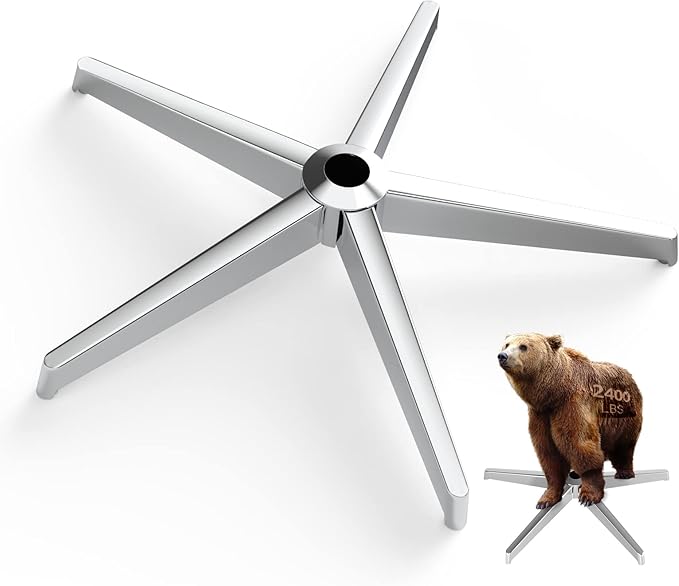 MASTERY MART 28 Inch Office Chair Base, Heavy Duty 2400 Lbs, Reinforced Metal Desk Chair Replacement, Universal Gas Cylinder Hole Caster Socket, Silver