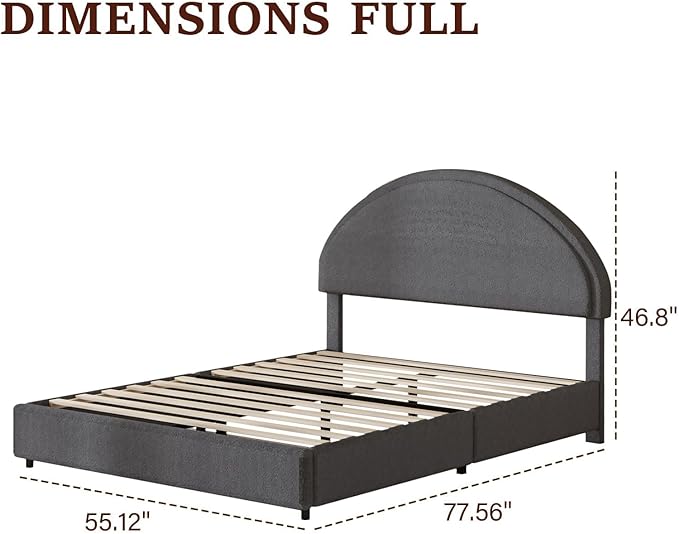 Full Size Bed Frame, Upholstered Platform Bed with Headboard, Boucle Bed Frame with Round Conner, No Box Spring Required, Easy Assembly, Grey