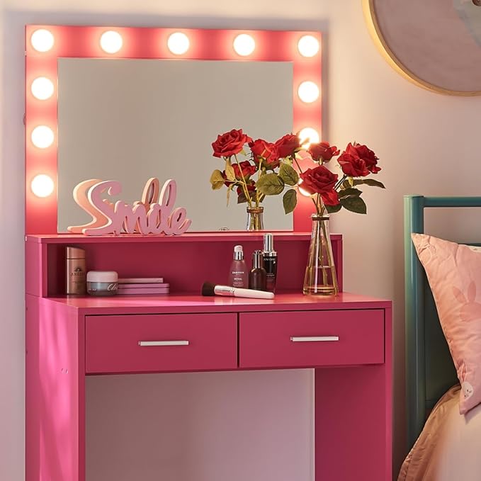 MIRROTOWEL Vanity Desk with Mirror and Lights, Dressing Table with Large Drawer, 2 Level Storage Dresser & 3 Lighting Modes Adjustable Brightness, Suitable for Bedroom