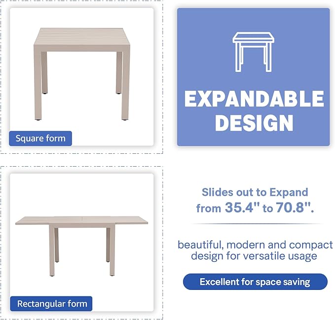 Soleil Jardin Aluminum Patio Extendable Dining Table, 35" - 71", Adjustable Indoor Outdoor Furniture Rectangle Table for 4-6 Person Porch Deck Garden, Flaxen