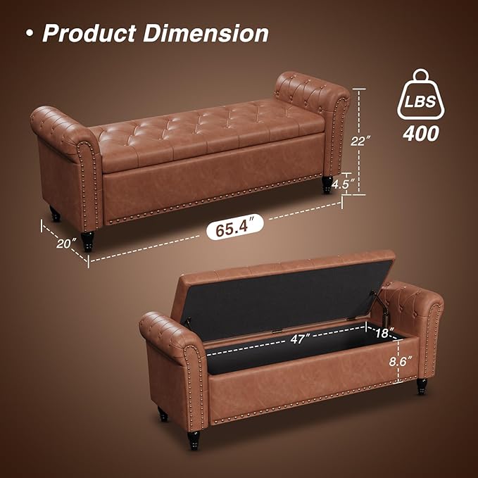 65 Inch Bedroom Bench, End of Bed Bench with Storage, Bed Benches for Foot of Bed, Faux Leather Window Bench with Tufted Button and Nailhead Trim, Upholstered Storage Bench with Rolled Arms, Brown