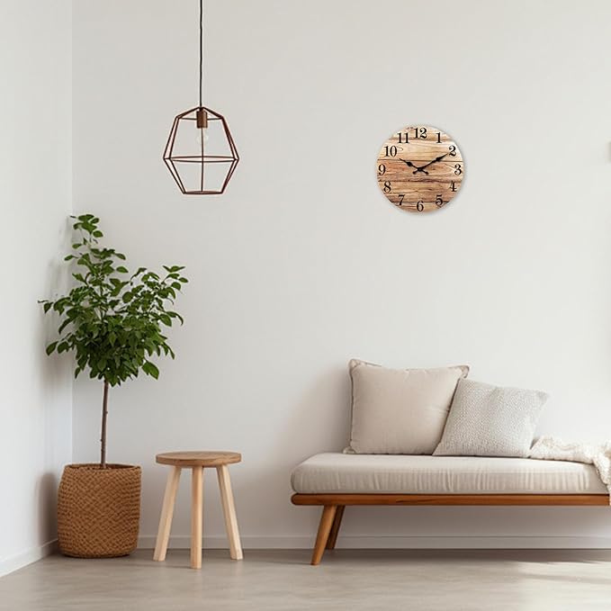 XNM 10 Inch Rustic Wall Clock for Bedroom Battery Wall Clock Silent Brown Round Small Clock Wood(No Solid Wood, It is with MDF Material)