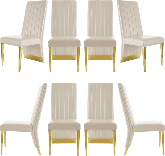 AUZ White Dining Chairs Set of 8, White Leather Upholstered Dining Room Chairs with Nailhead Trim, Luxury Dining Chairs with Polished Gold Metal Legs