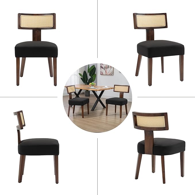 Upholstered Rattan Dining Chairs Set of 6, Mid-Century Modern Fabric Dining Room Chairs with Brown Hardwood Frame, Curved Backrest Kitchen Armless Accent Chairs for Living Room (Black)
