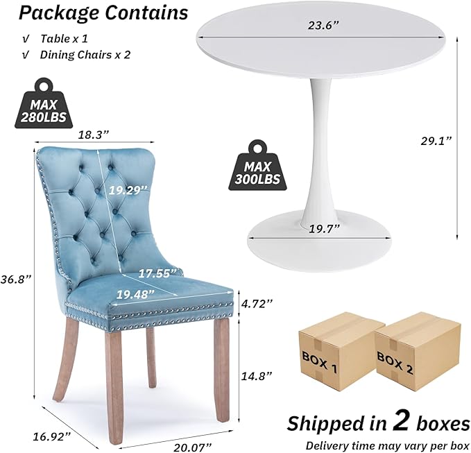 SoarFlash Kitchen Table and Chairs for 2, 24" Dining Table Set for 2 with Velvet Upholstered Chairs, 3 Piece Round Kitchen Table Set, Dining Room Table Set for Small Space, Apartment