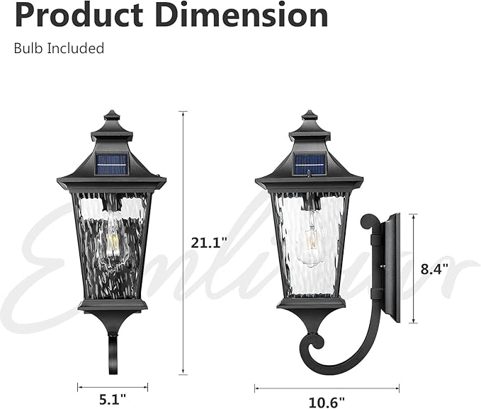 Emliviar Solar Wall Lantern Outdoor, Waterproof Outdoor Sconce Light, Dusk to Dawn LED Exterior Wall Lighting with Water Ripple Glass, Black Finish, 500181-SL SW BK