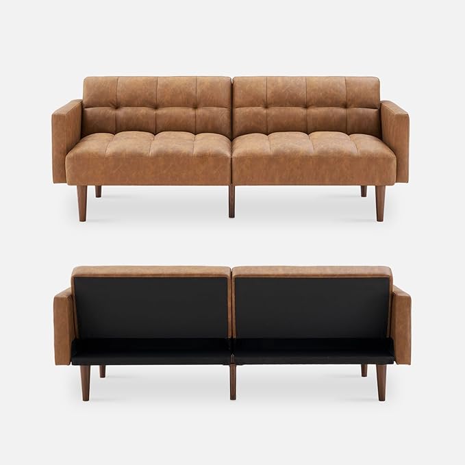 mopio 76.4" Futon Sofa Bed, Couch, Loveseat, Sleeper Sofa, Mid Century Modern Futon Couch, Sofa Cama, Couches for Living Room (Aaron PU, Pecan Brown)