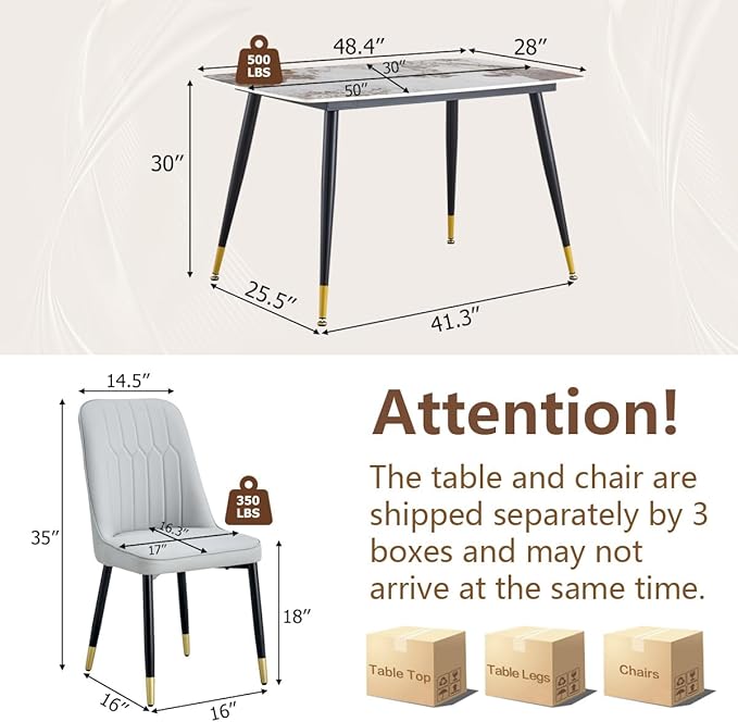 Small Dining Table Set for 4，50'' Sintered Stone Dining Table with 4 Chairs, Easy to Assemble，Suitable for Small Spaces