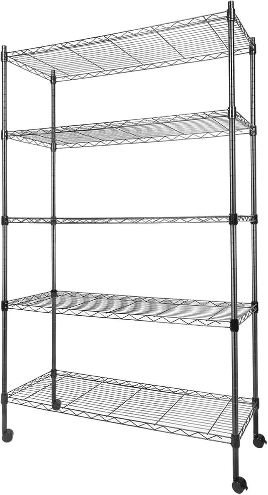 Whitmor 5 Tier Metal Storage Shelves, Heavy Duty with 4 Wheels & Adjustable Feet, 400 lbs Capacity per Shelf, Max 2000 lbs Total for Home, Garage, Workshop, 36" L x 14" W x 60" H, Black