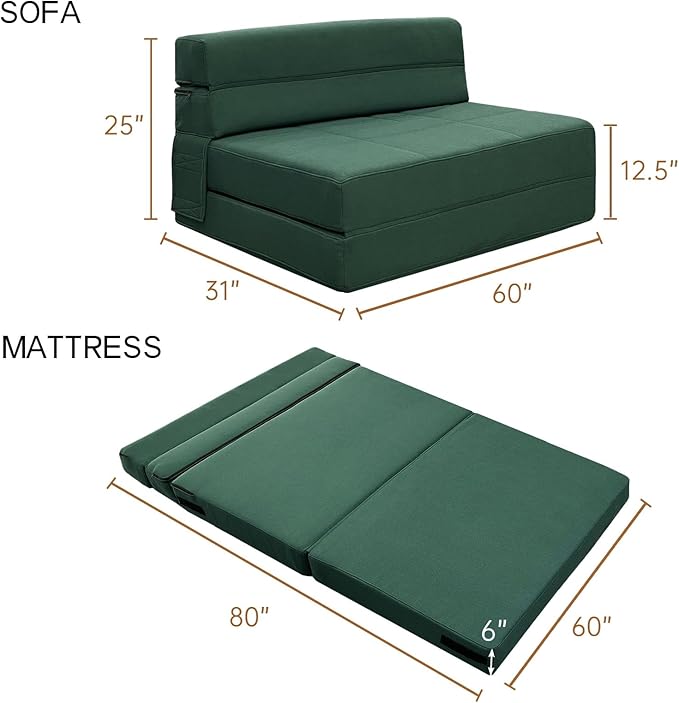 ANONER Fold Out Couch Bed Memory Foam Sleeper Chair with 2 Pillows, Queen Size Futon Couch Guest Convertible Chair Bed, Washable Cover, Dark Green