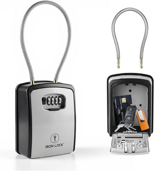 Iron Lock® Key Lock Box Portable with Cable Shackle & Wall Mount – Waterproof Heavy Duty Metal Lock Box for Keys with 4-Digit Combination Code on Door Knob, Fence, Pipe or Gate (Grey, XXL)