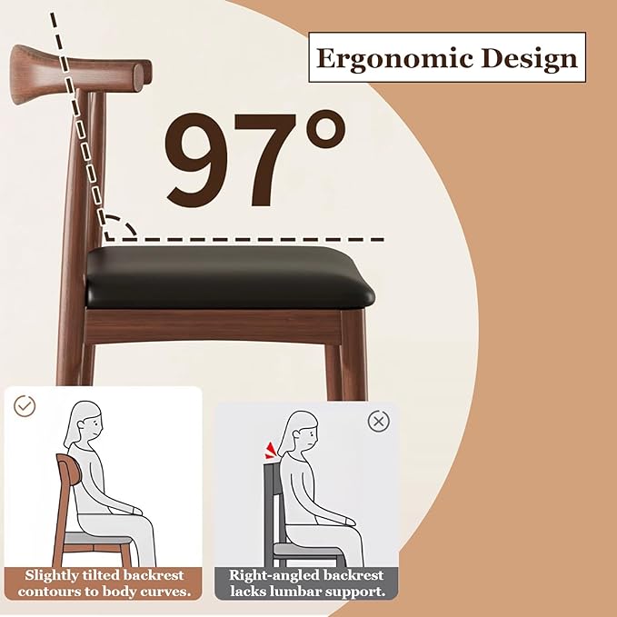 Solid Wood Dining Chair with Walnut Finish Set of 2 Mid Century Modern Upholstered PU Leather Dining Chairs with Curved Backrest for Dining Room, Kitchen, Study Room, Walnut Color